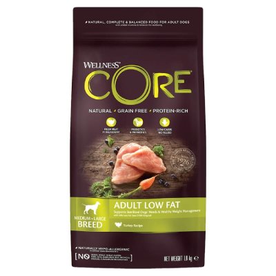 Wellness Core-Adult Low Fat Medium-Large Breed. Ολοκληρωμένη Ολιστική τροφή Ιδανική για στειρωμένα σκυλιά για υγιή διαχείριση βάρους με 30% λιγότερο λίπος.