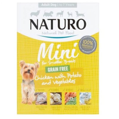 100% φυσική Υγρή τροφή από την Naturo για ενήλικες σκύλους με κοτόπουλο, πατάτα και λαχανικά. Συσκευασία μίνι των 150gr