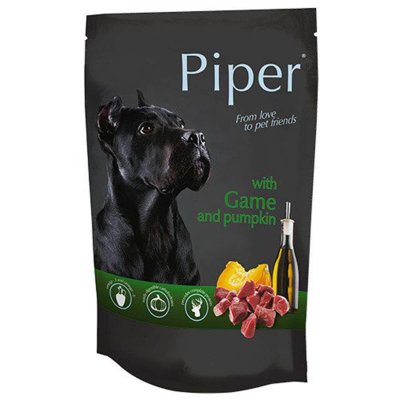Πλήρης υγρή τροφή από την Piper σε φακελάκι για ενήλικους σκύλους με Κυνήγι και κολοκύθα.Διατίθεται σε συσκευασία φακελάκι των 150gr & 500gr.
