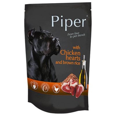 Πλήρης υγρή τροφή από την Piper σε φακελάκι για ενήλικους σκύλους με καρδίες απο κοτόπουλο και καστανό ρύζι. Διατίθεται σε συσκευασία φακελάκι των 150gr & 500gr.
