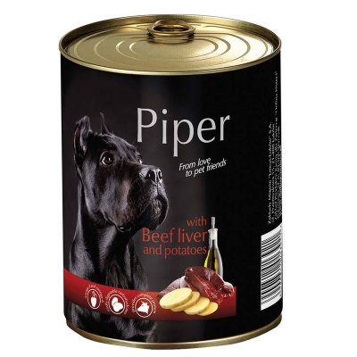 Πλήρης υγρή τροφή από την Piper σε κονσέρβα για ενήλικους σκύλους με συκώτι βοδινού και πατάτα.Διατίθεται σε συσκευασία κονσέρβα 800gr.