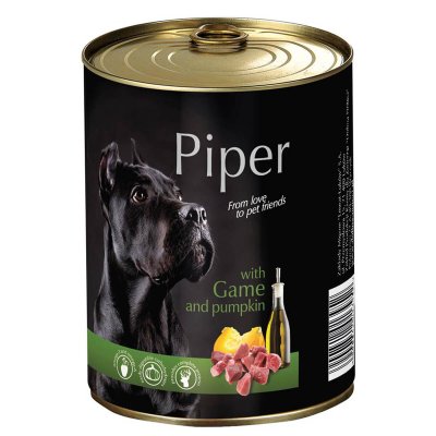 Πλήρης υγρή τροφή από την Piper σε κονσέρβα για ενήλικους σκύλους με Κυνήγι και κολοκύθα.Διατίθεται σε συσκευασία φακελάκι των 800gr.