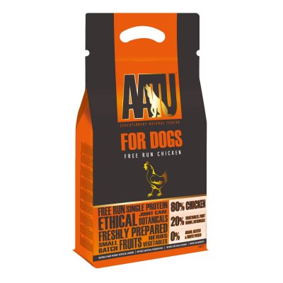AATU, Πλήρης τροφή χωρίς σιτηρά για ενήλικους σκύλους κοτόπουλο ελευθέρας βοσκής. Παρασκευάζεται από φρέσκο κρέας χωρίς συντηρητικά, περιέχει ένα μοναδικό συνδυασμό από 8 φρούτα, 8 λαχανικά και 8 βότανα για την ισορροπημένη διατροφή.