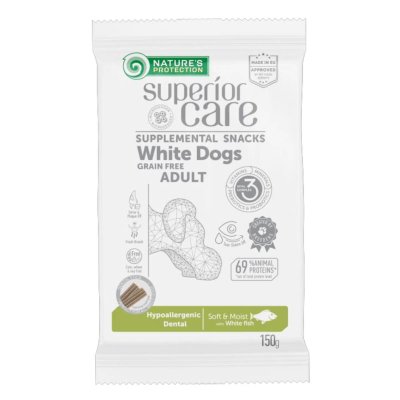 Συμπλήρωμα διατροφής-λιχουδιά χωρίς δημητριακά απο Nature's Protection με λευκά ψάρια, σχεδιασμένο για να διασφαλίζει σωστή οδοντική υγιεινή, βοηθώντας στον καθαρισμό των δοντιών στα νεαρά σκυλιά με λευκό τρίχωμα.