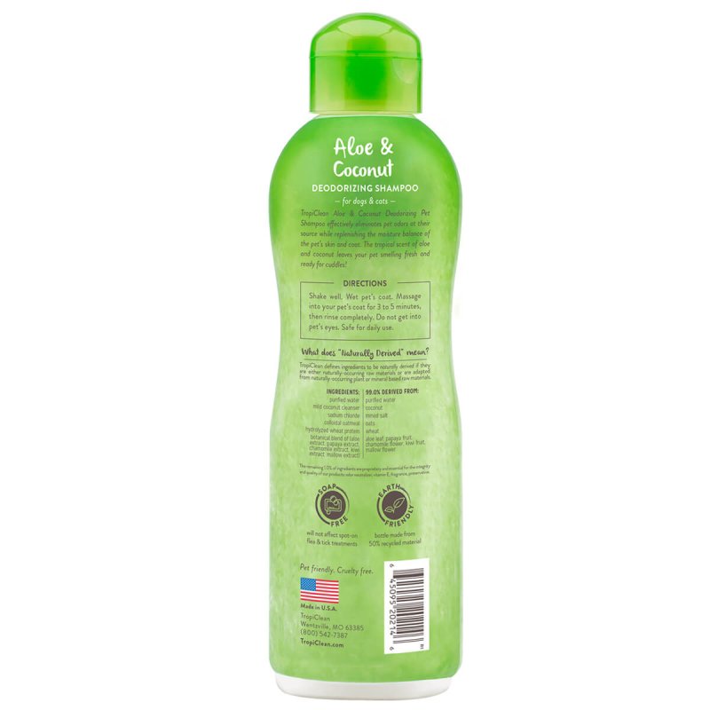 Το Aloe & Coconut Deodorizing Shampoo από την TropiClean, σαμπουάν με φυσική αλόη, μολόχα και παπάγια, το τρίχωμα του κατοικίδιου ζώου σας θα είναι απαλό και θα μυρίζει πολύ φρέσκο. Κατάλληλο για σκύλους και γάτες για 12 εβδομάδων και άνω.Οπίσθια ετικέτα με οδηγίες και χαρακτηριστικά