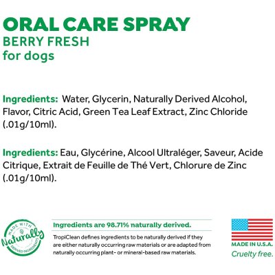 To Oral Care Spray απο την Tropiclean χαρίζει εύκολα με ενα ψεκασμό,  καθαρή και δροσερή αναπνόη στο σκύλο σας. Με γευση Berries-Mint( Βατόμουρα - Μέντα)  Κατάλληλο για όλα τα σκυλάκια. Βάρος/ Συσκευασία : 117ml Ετικέτα με τα υλικά σύνθεσης/Ingrendients