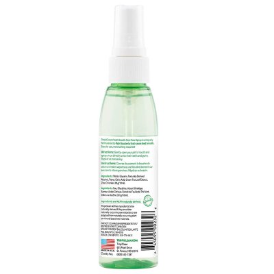 To Oral Care Spray απο την Tropiclean χαρίζει εύκολα με ενα ψεκασμό,  καθαρή και δροσερή αναπνόη στο σκύλο σας. Με γευση Berries-Mint( Βατόμουρα - Μέντα)  Κατάλληλο για όλα τα σκυλάκια. Βάρος/ Συσκευασία : 117ml Οπίσθια ετικέτα με οδηγίες και χαρακτηριστικά