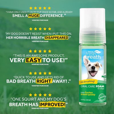 To Oral Care Foam (Αφρός) απο την Tropiclean χαρίζει εύκολα καθαρή, δροσερή αναπνόη και λαμπέρα χαμόγελα στο σκύλο σας. Κατάλληλο για όλα τα σκυλάκια. Βάρος/ Συσκευασία : 133ml- Ετικέτα παρουσίαση προιόντος