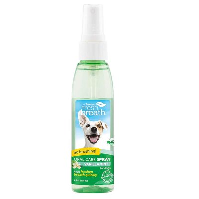 To Oral Care Spray απο την Tropiclean χαρίζει εύκολα με ενα ψεκασμό,  καθαρή και δροσερή αναπνόη στο σκύλο σας. Με γευση Vanilla - Mint ( Βανίλια - Μέντα)  Κατάλληλο για όλα τα σκυλάκια. Βάρος/ Συσκευασία : 117ml