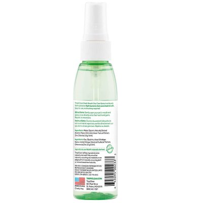 To Oral Care Spray απο την Tropiclean χαρίζει εύκολα με ενα ψεκασμό,  καθαρή και δροσερή αναπνόη στο σκύλο σας. Με γευση Vanilla - Mint ( Βανίλια - Μέντα)  Κατάλληλο για όλα τα σκυλάκια. Βάρος/ Συσκευασία : 117ml/ Οπίσθια ετικέτα με οδηγίες Χρήσης και χαρακτηριστικά.
