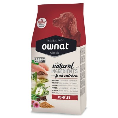Ξηρά τροφή από την Ownat , Classic Complet σειρά, κατάλληλη για να καλύπτει τις διατροφικές ανάγκες ενός ενήλικου σκύλο ανεξαρτήτου μεγέθους ή φυλήςΠλήρης και ισορροπημένη διατροφή με εξαιρετική γευστικότητα λόγω της περιεκτικότητάς της σε φρέσκο νωπό κρέας.