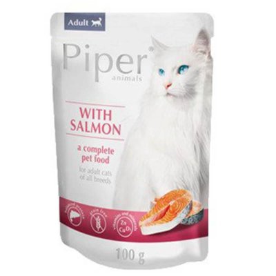 Μια ολοκληρωμένη υγρή τροφή από την εταιρεία Piper για την ενήλικη γάτα με Σολομό, καλύπτει τις καθημερινές διατροφικές ανάγκες σε μέταλλα και βιταμίνες ανάλογα με τη σωματική και φυσική τους δραστηριότητα.Συσκευασία φακελάκι