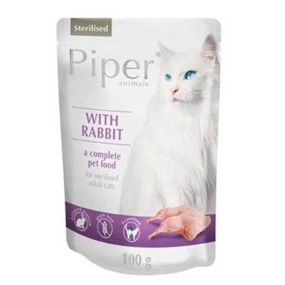 Μια ολοκληρωμένη υγρή τροφή από την εταιρεία Piper για την ενήλικη στειρωμένη γάτα με Κουνέλι, καλύπτει τις καθημερινές διατροφικές ανάγκες σε μέταλλα και βιταμίνες ανάλογα με τη σωματική και φυσική τους δραστηριότητα.Συσκευασία Φακελάκι