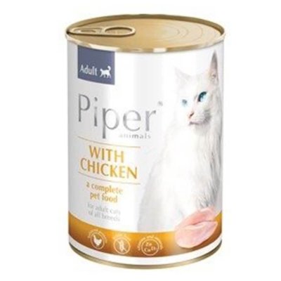 Μια ολοκληρωμένη υγρή τροφή από την εταιρεία Piper για την ενήλικη γάτα με κοτόπουλο, καλύπτει τις καθημερινές διατροφικές ανάγκες σε μέταλλα και βιταμίνες ανάλογα με τη σωματική και φυσική τους δραστηριότητα.Συσκευασία Κονσέρβα
