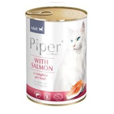 Μια ολοκληρωμένη υγρή τροφή από την εταιρεία Piper για την ενήλικη γάτα με Σολομό, καλύπτει τις καθημερινές διατροφικές ανάγκες σε μέταλλα και βιταμίνες ανάλογα με τη σωματική και φυσική τους δραστηριότητα.Συσκευασία κονσέρβα