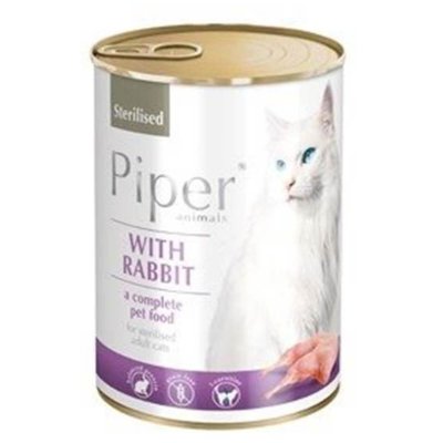 Μια ολοκληρωμένη υγρή τροφή από την εταιρεία Piper για την ενήλικη στειρωμένη γάτα με Κουνέλι, καλύπτει τις καθημερινές διατροφικές ανάγκες σε μέταλλα και βιταμίνες ανάλογα με τη σωματική και φυσική τους δραστηριότητα.Συσκευασία Κονσέρβα