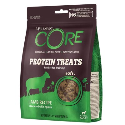 Μαλακές μπουκιές πρωτεΐνης απο την εταιρεία Wellness-Core, χωρίς σιτηρά και γλουτένη.Κατάλληλες για την εκπαίδευση του ενήλικου σκύλου σας. Αρνί και Μήλο