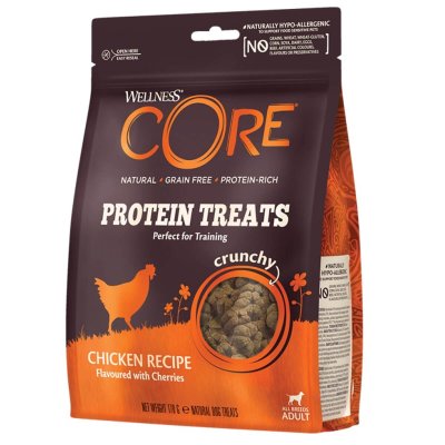 Τραγανές μπουκιές πρωτεΐνης απο την εταιρεία Wellness-Core, χωρίς σιτηρά και γλουτένη.Κατάλληλες για την εκπαίδευση του ενήλικου σκύλου σας.